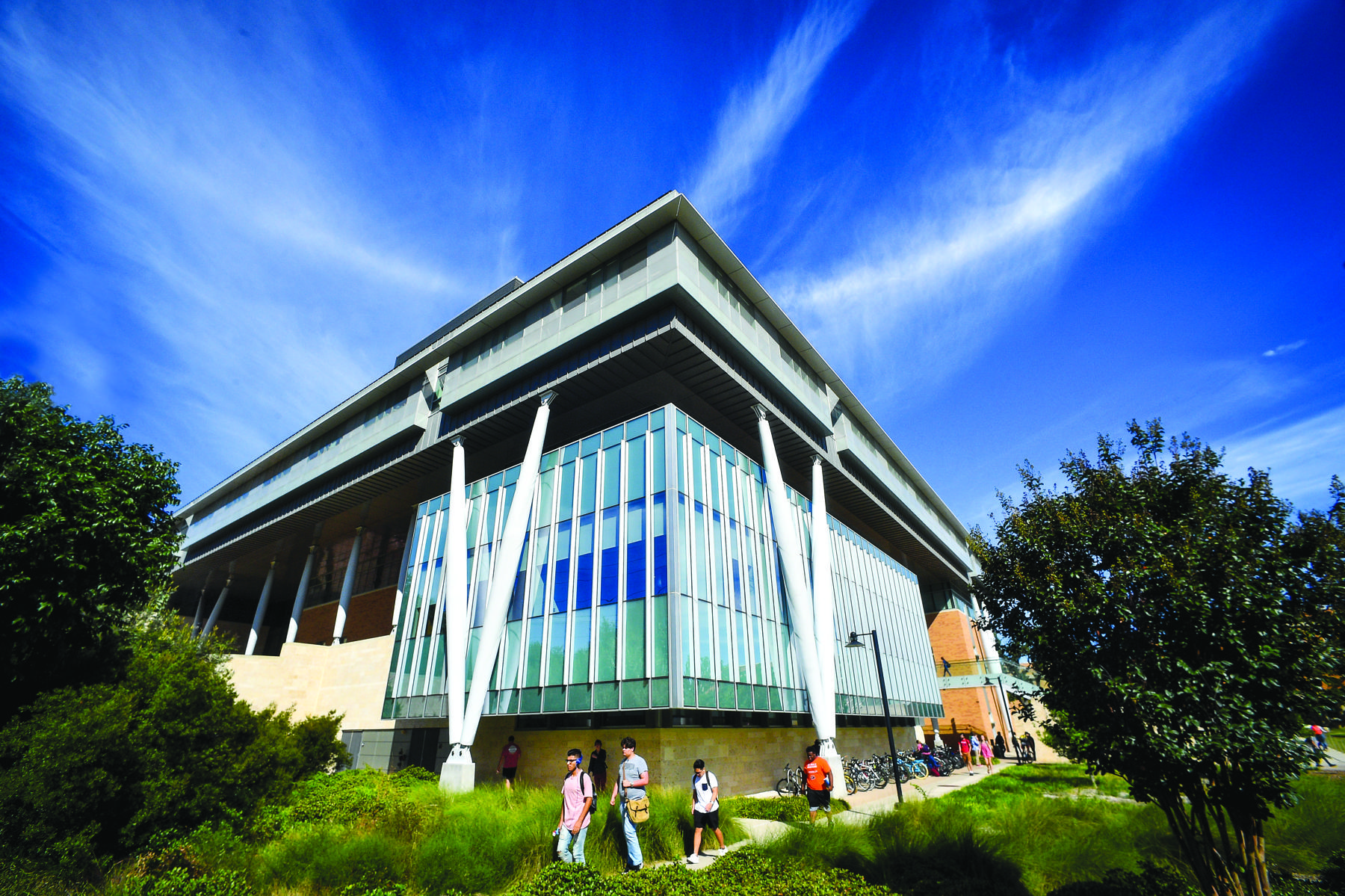 An exterior photo of the Business Leadership Building