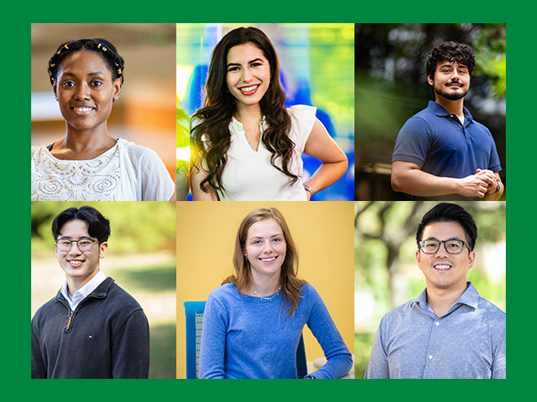 Six portraits put together in one photo. All six are UNT students in business-casual dress. There are three women and three men.