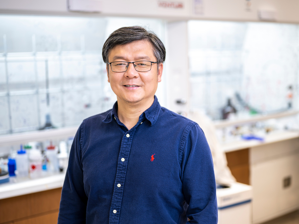Xin Cui stands in is lab wearing a navy button down shirt and glasses.