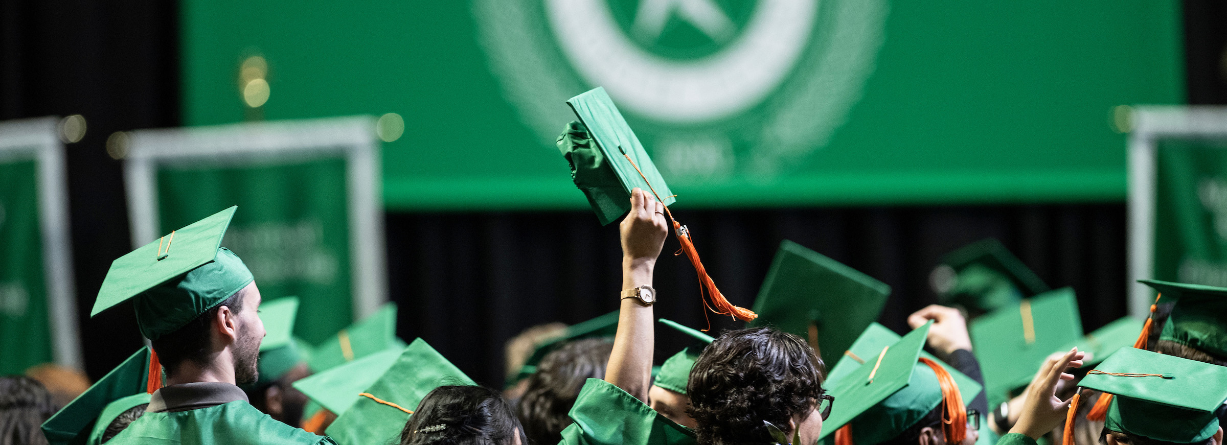 UNT graduates in green regalia face away from the camera, one raises their graduation cap