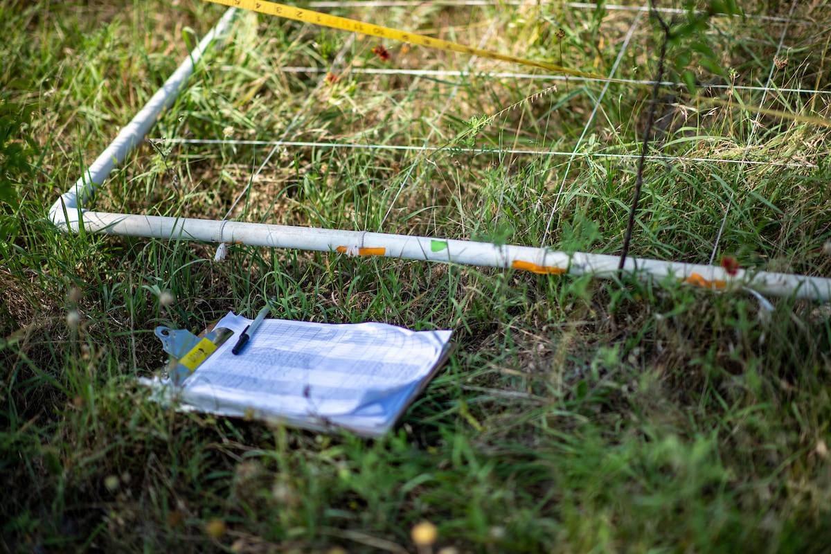 A clipboard and pen resting in the grass next to a grid made of wire and PVC pipes