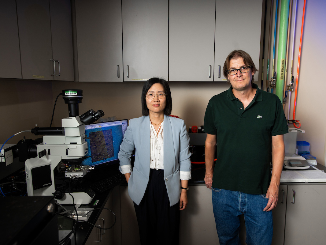 A woman in a blue blazer, left, and man in a dark green polo, stand next to lab equipment