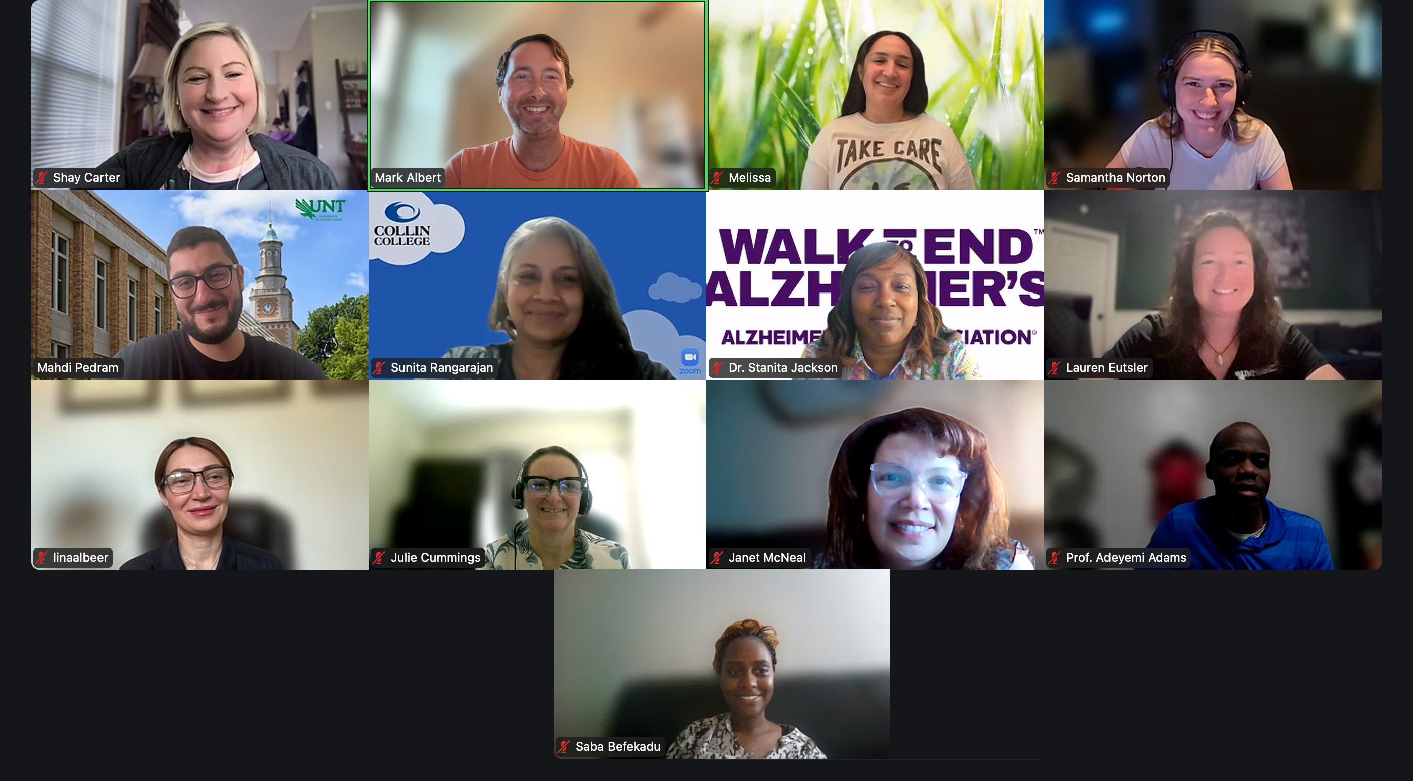 A screenshot of 13 people on a Zoom call smiling at their cameras.