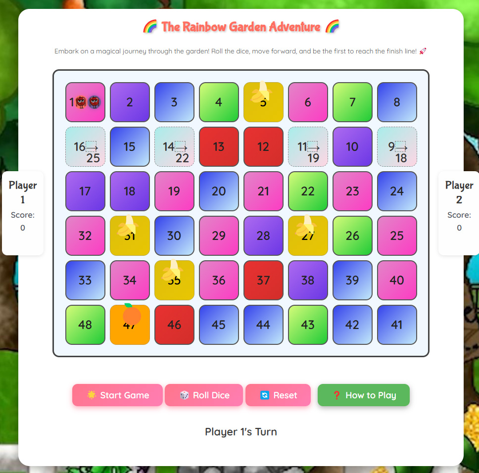 A screenshot of the online board game with 100 squares of various colors