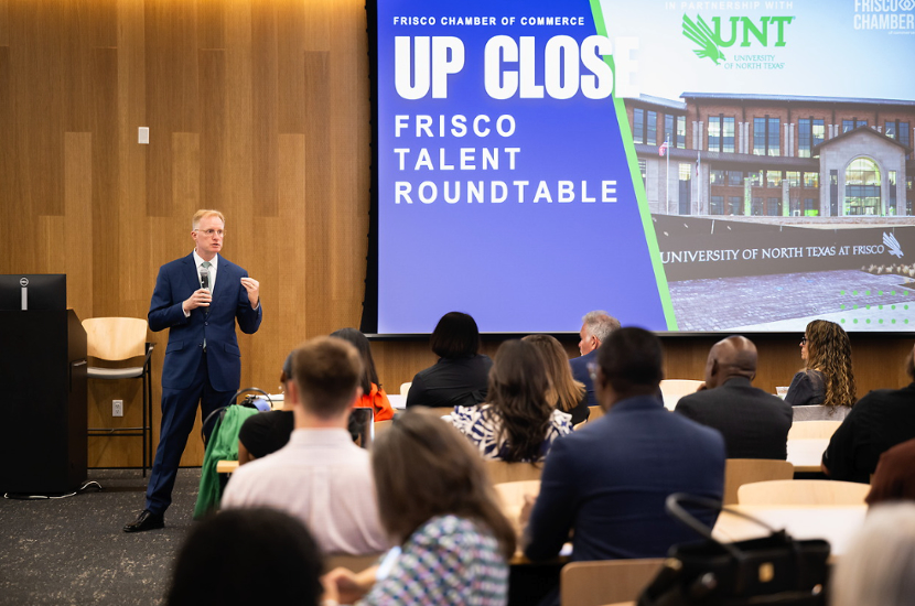 University of North Texas President Harrison Keller, Ph.D., speaking at the Frisco Chamber of Commerce’s “UP CLOSE” roundtable Aug. 4 at UNT at Frisco, where nearly 90 business, civic and higher education leaders gathered to discuss the North Texas region’s workforce challenges — and how universities can help address them.