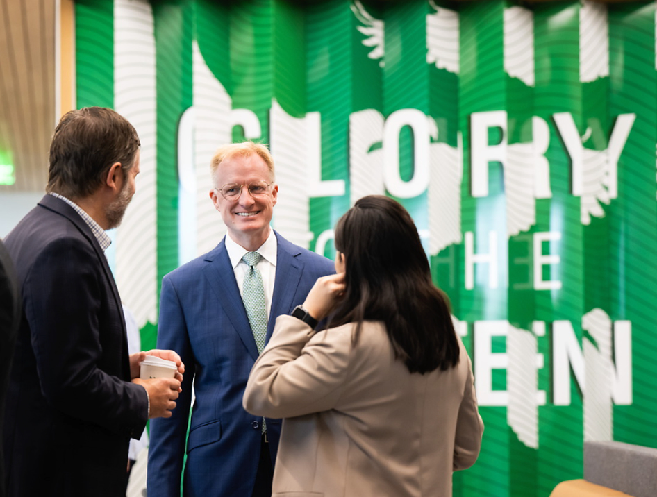 University of North Texas President Harrison Keller, Ph.D., speaking with participants at the Frisco Chamber of Commerce’s “UP CLOSE” roundtable at UNT at Frisco on Aug. 4.