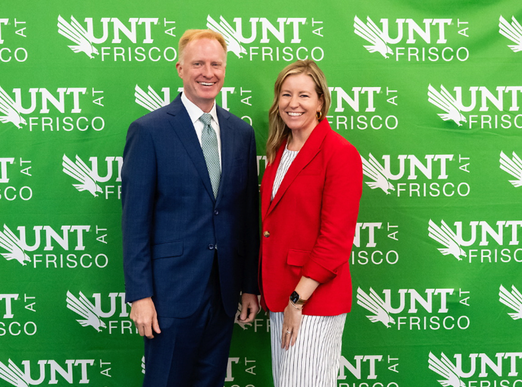 University of North Texas President Harrison Keller, Ph.D., standing with Christal Howard, the president/CEO of the Frisco Chamber of Commerce. They both attended the Frisco Chamber of Commerce’s “UP CLOSE” roundtable at UNT at Frisco on Aug. 4.