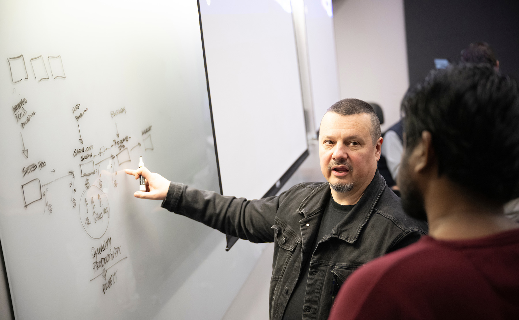 Two people have a discussion while one writes diagrams on a whiteboard