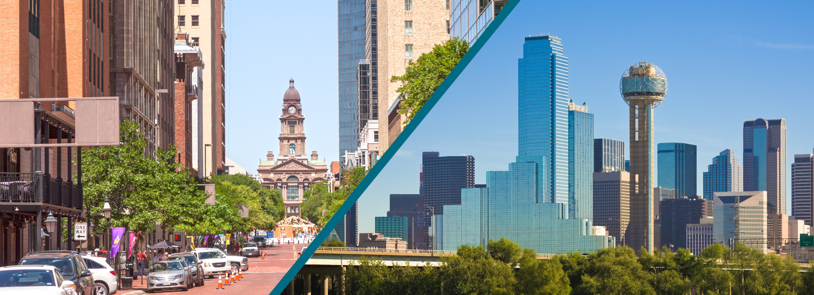 A split image with the left side being a downtown street and the right showing skyscrapers