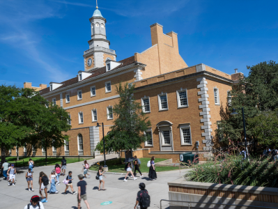 Students cross the UNT library mall in front of Hurley Admin Building