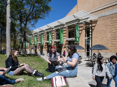 Students gathered outside the UNT Student Union