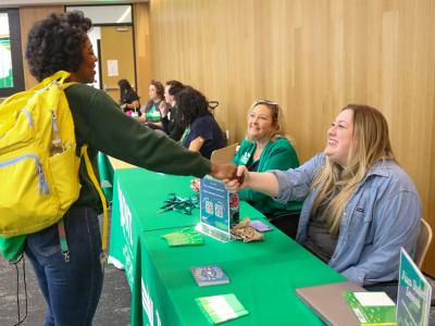 Faculty, staff and prospective students meet at the Transfer Debut tabling event