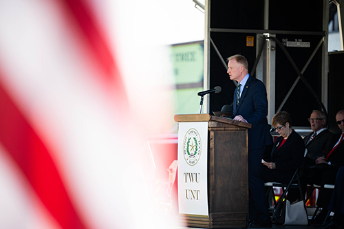 UNT President Harrison Keller delivers remarks at the Veterans Day ceremony on the Denton County courthouse square