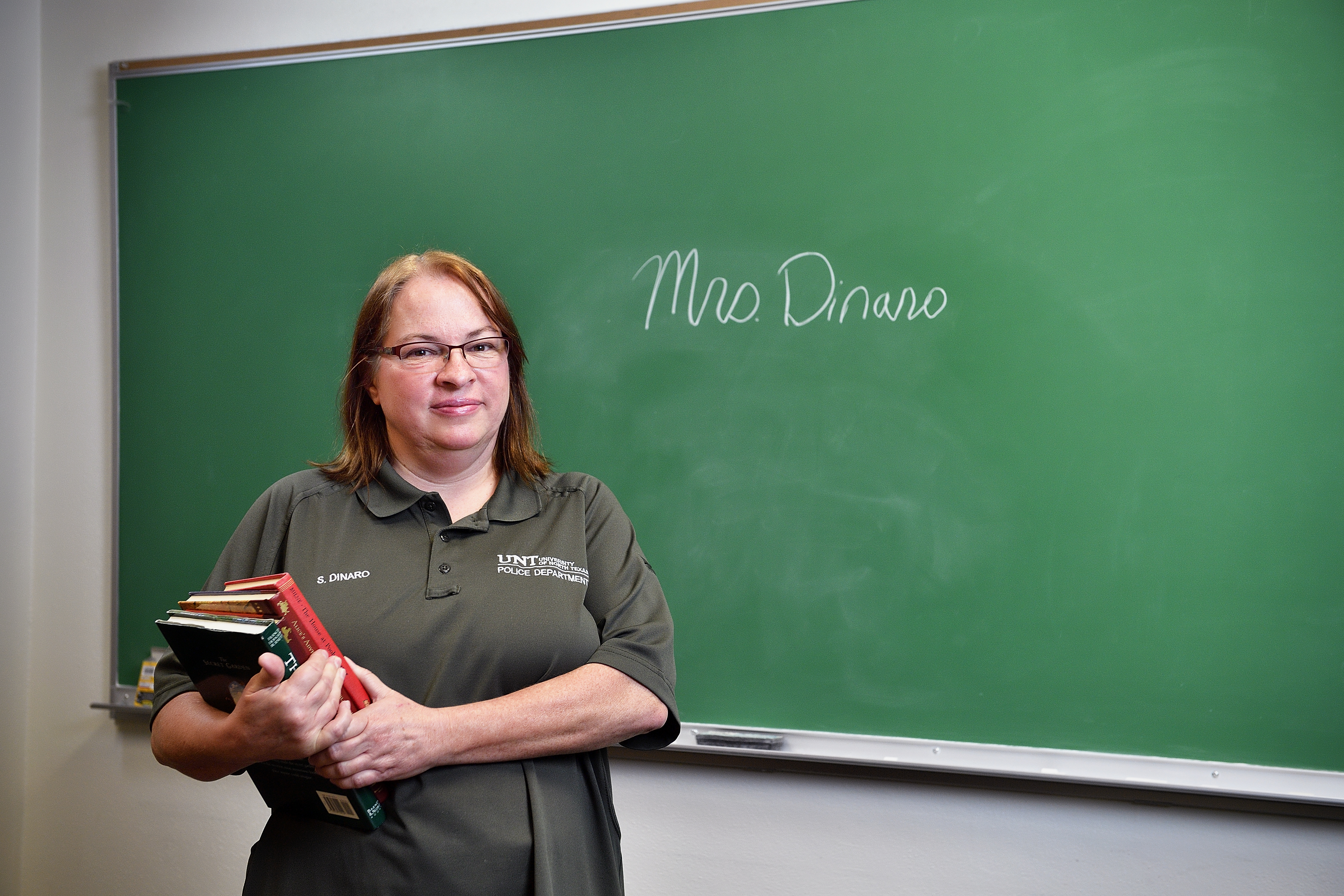 Sue Dinaro, a support specialist for the UNT Police Department, heads back to school for the third time to purse a master’s degree in education, as well as a second-chance teaching career. 