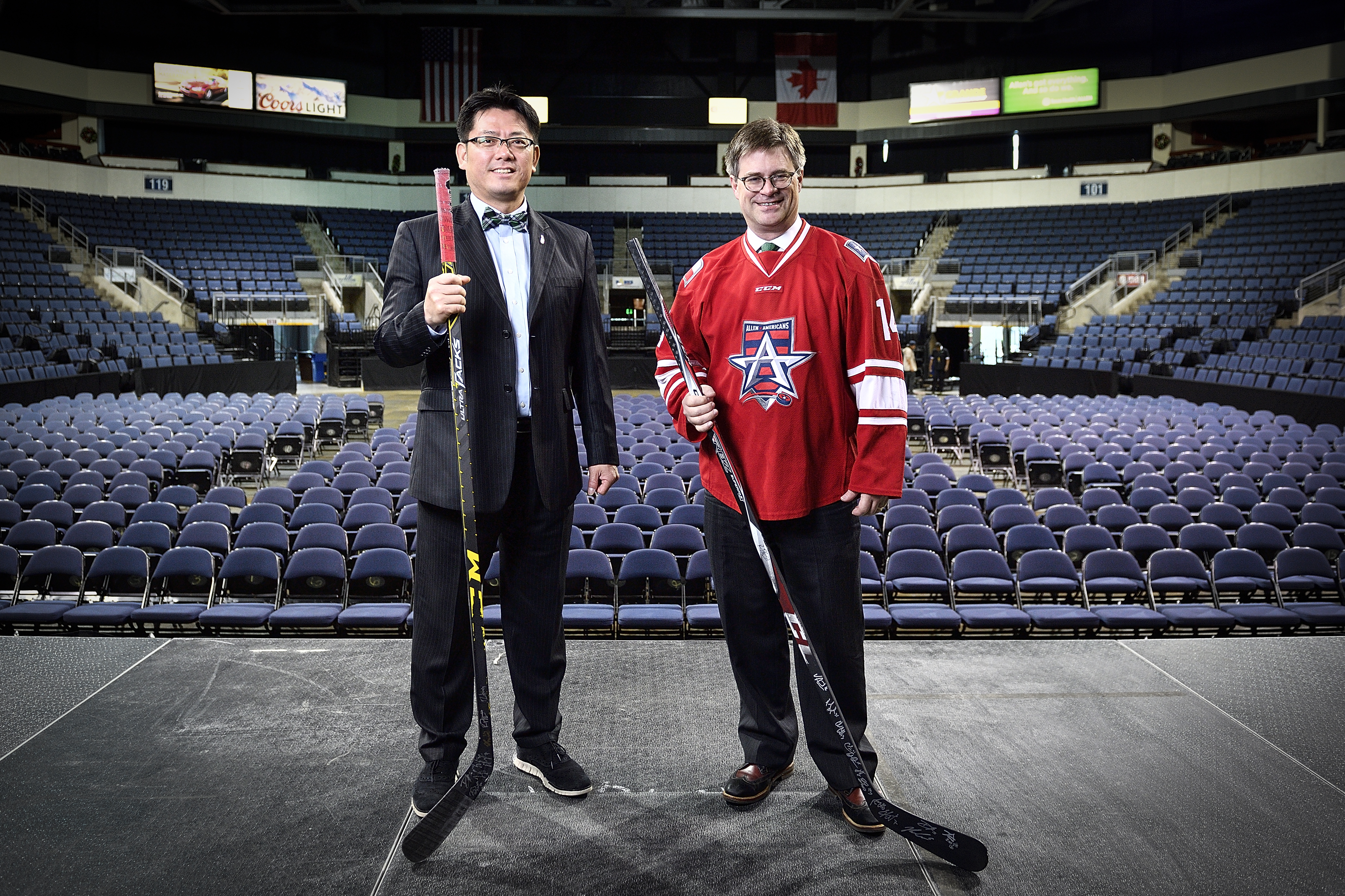 Young Hoon Kim and John Nauright photographed at the Allen Event Center. Venues such as these, which can be used for multiple purposes including concerts and ice hockey games, offer a path to grow hockey into an international powerhouse sport. 