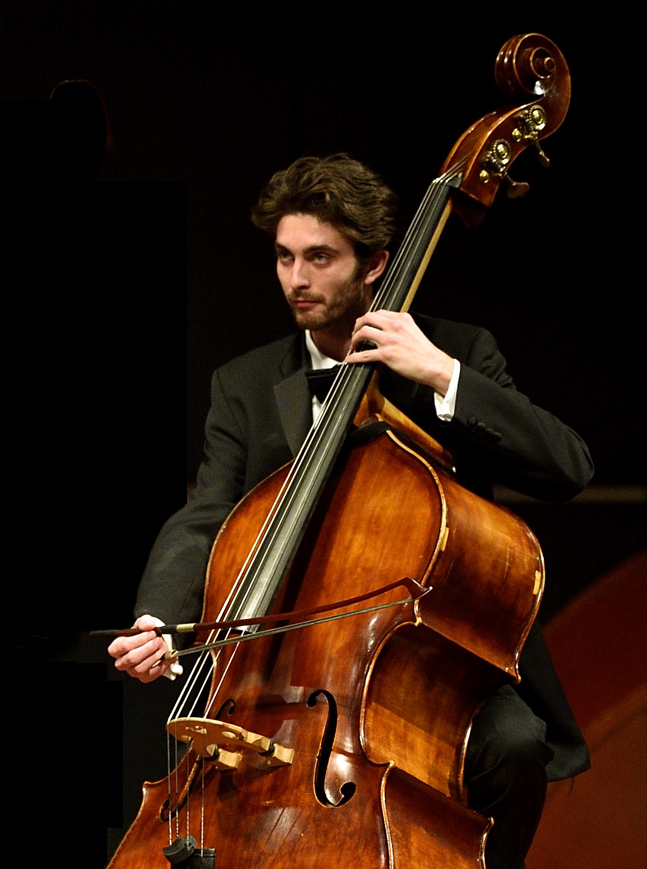 Double bass player in concert