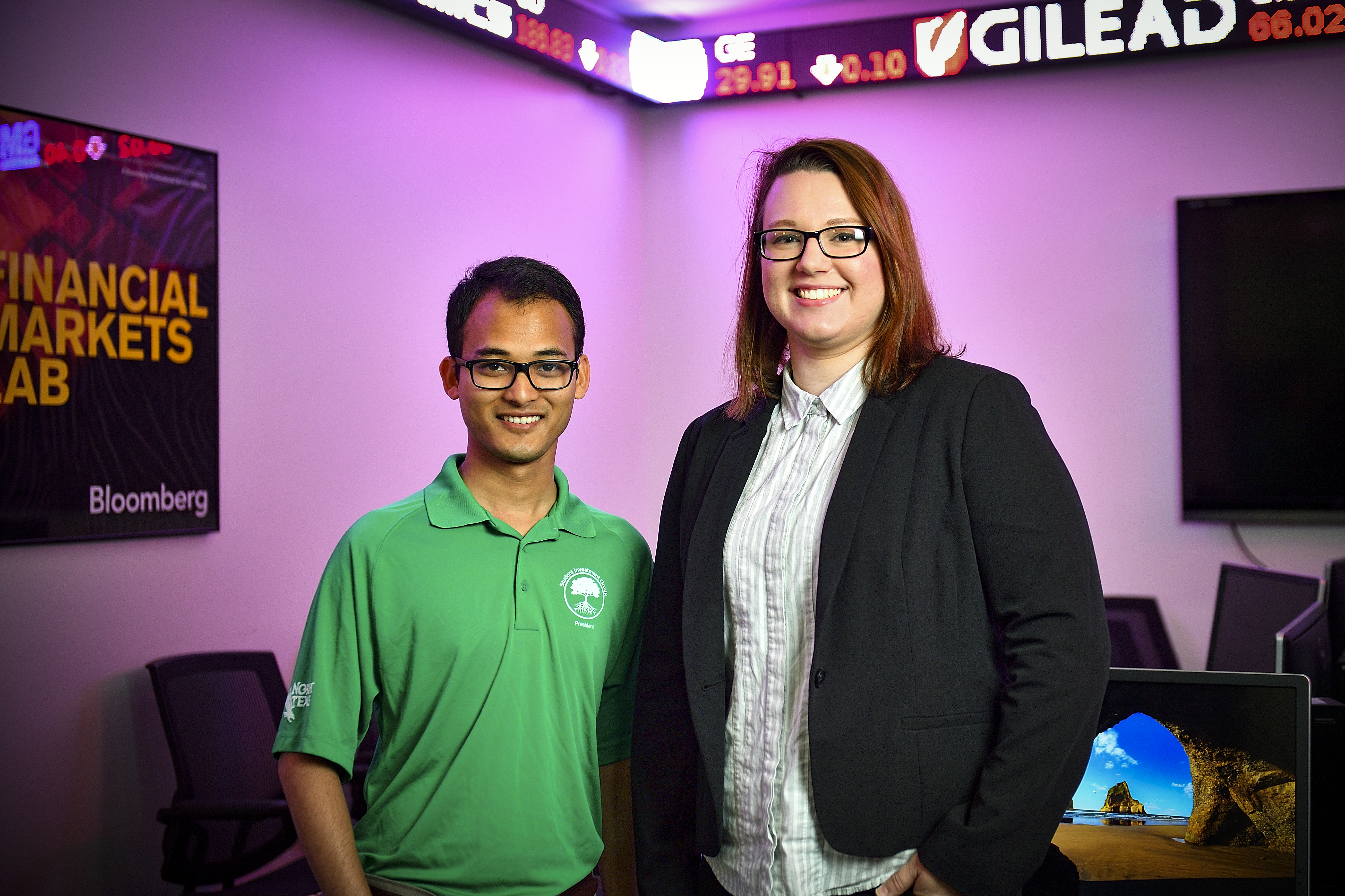 Left to right: Kshitiz “Steve” Shrestha, president of UNT’s Student Investment Group, and Lydia Leach, a master’s student with a focus in audit. Accounting students are partnering with the investment group to help it reach a $1 million goal. 