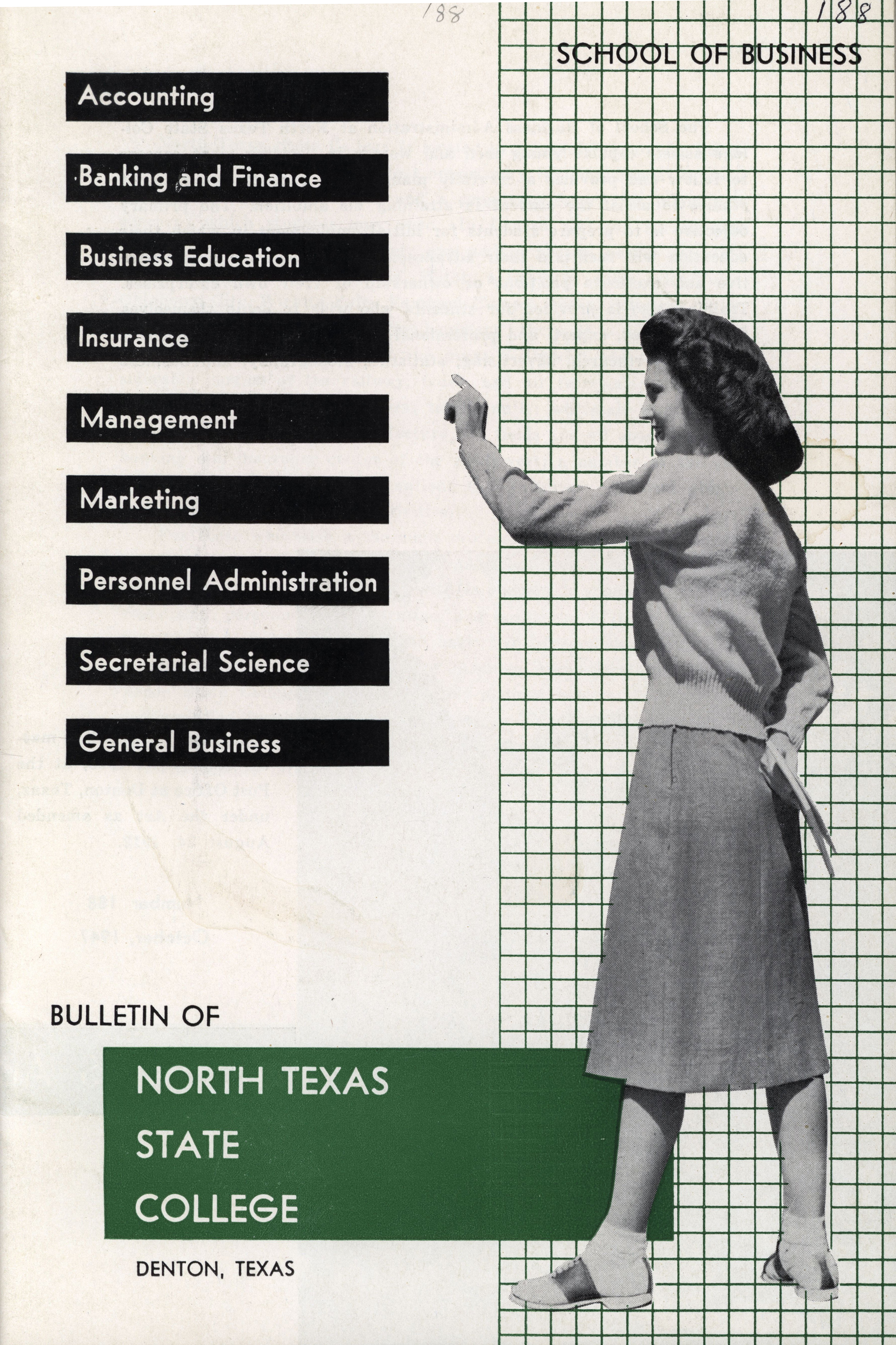A monthly bulletin from October 1947, produced by North Texas State Teachers College, now the University of North Texas, provided information about programs in the School of Business Administration, now the College of Business. Credit: UNT's Portal to Texas History. 