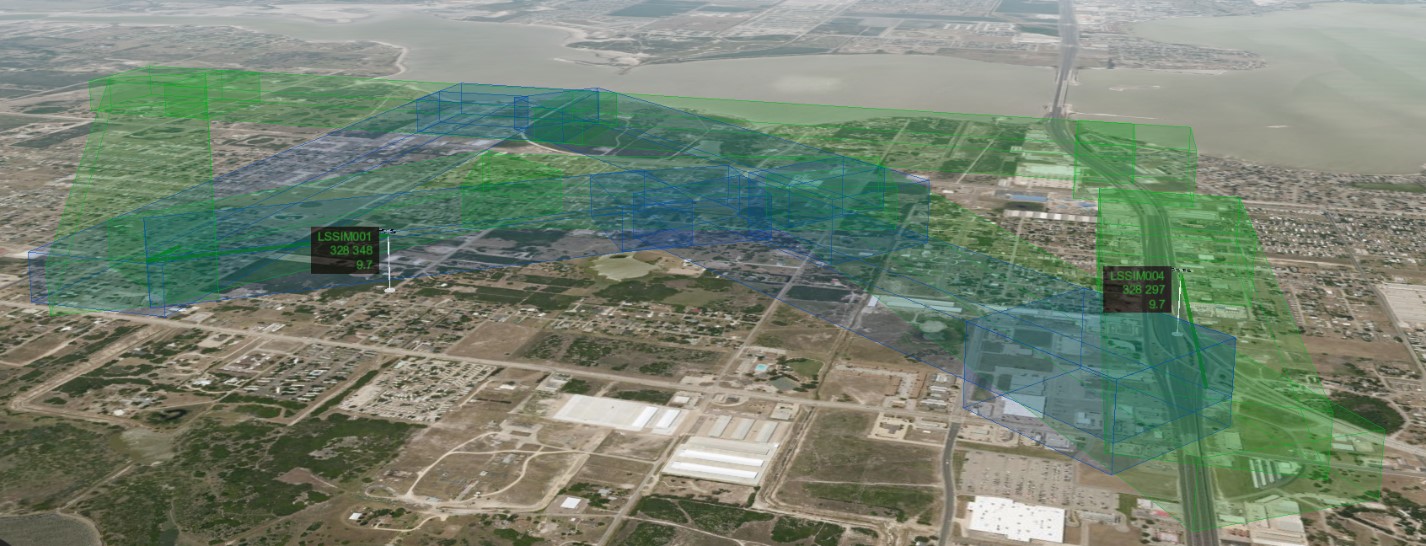 Simulation showing the 4D airspace trajectory. Courtesy: The Lone Star Unmanned Aircraft System Center of Excellence, Texas A&M 