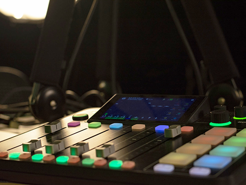 A one-button live recording mixing board in UNT's Chilton Hall podcast studio